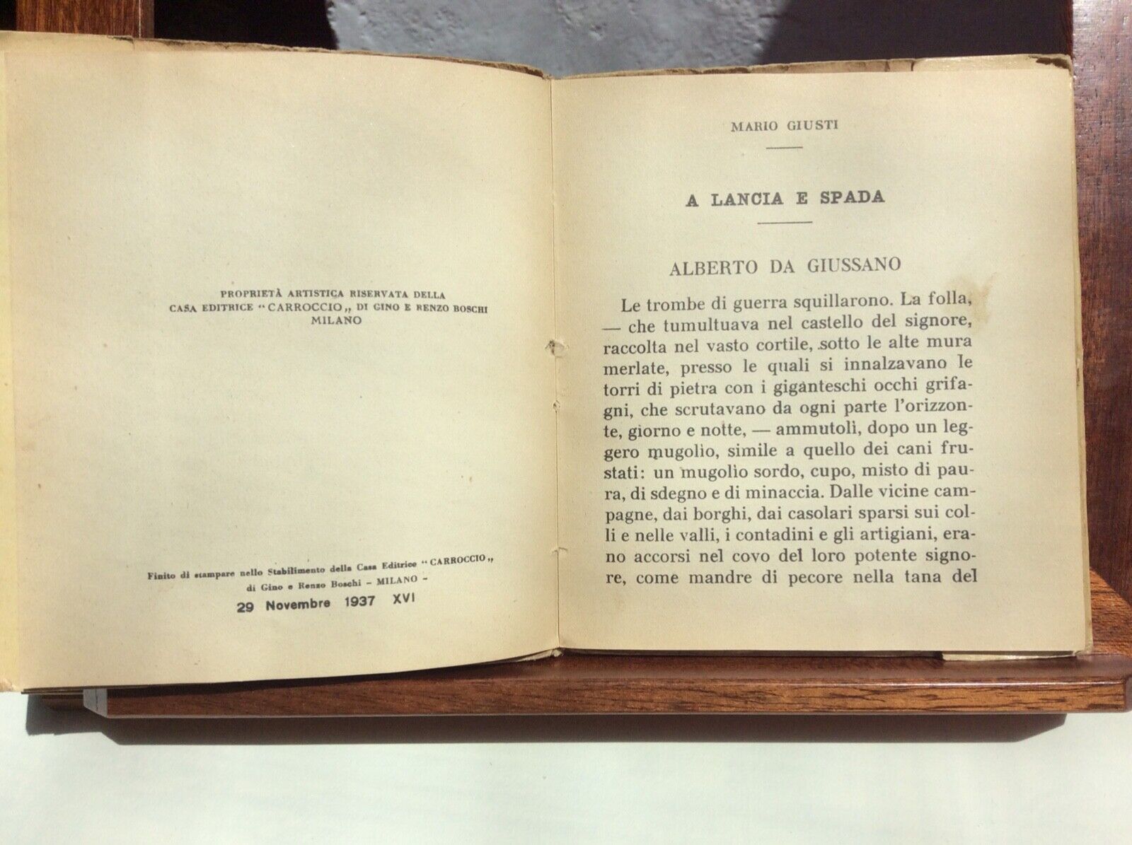 A LANCIA E  SPADA, ALBERTO DA GIUSSANO, CASA EDITRICE CARROCCIO, 1936