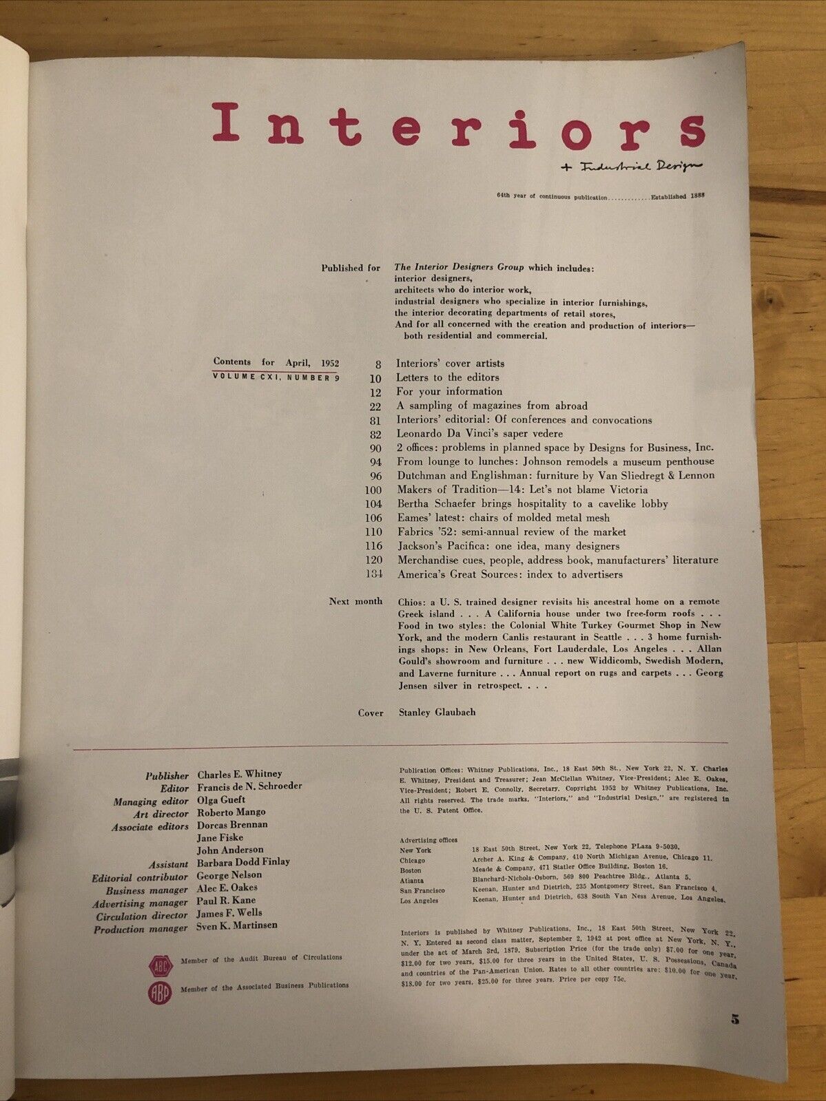 INTERIORS MAGAZINE APRIL 1952 Olga Gueft - Interiors, design, architecture