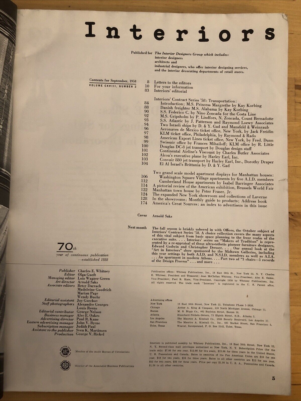 INTERIORS MAGAZINE SEPTEMBER 1958 Olga Gueft - Interiors, design, architecture