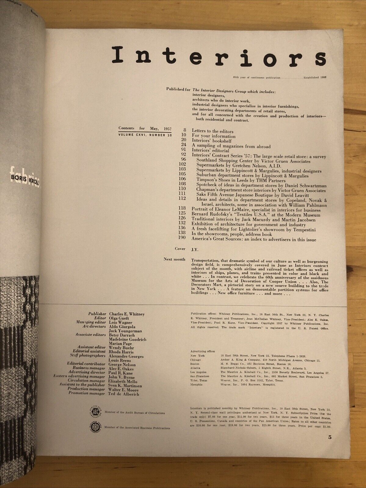 INTERIORS MAGAZINE MAY 1957 Olga Gueft - Interiors, design, architecture