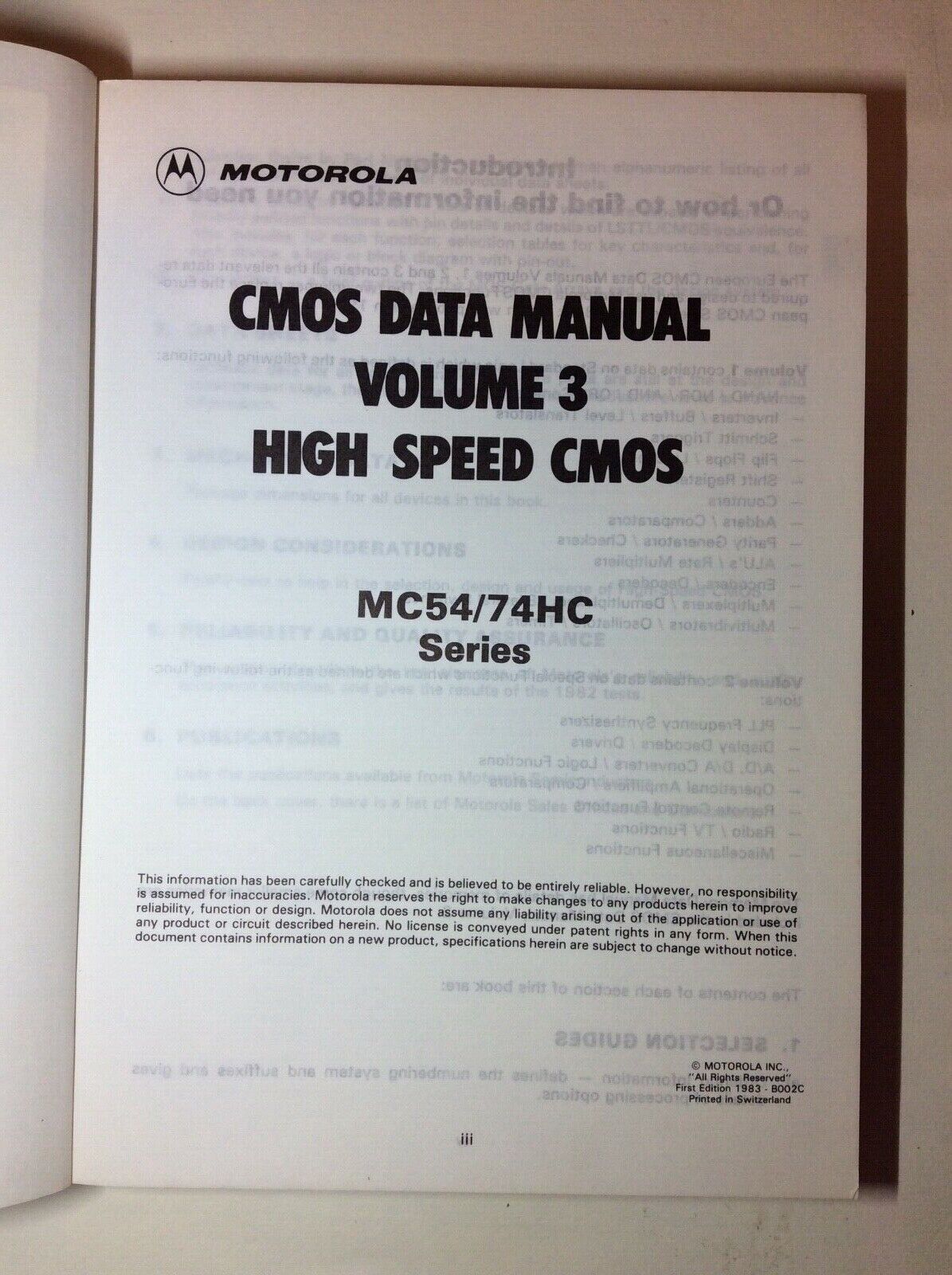 CMOS DATA MANUAL VOLUME 3 HIG SPEED CMOS MOTOROLA  1983