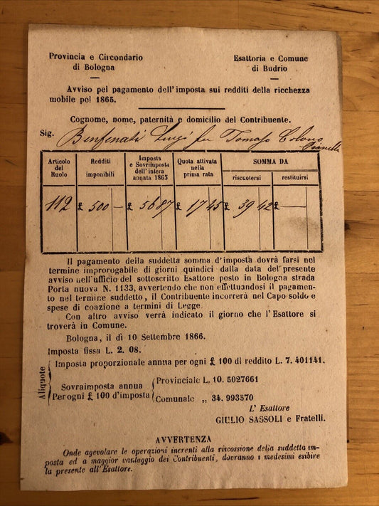 Bologna - Budrio antico documento 1865 pagamento imposta redditi della ricchezza