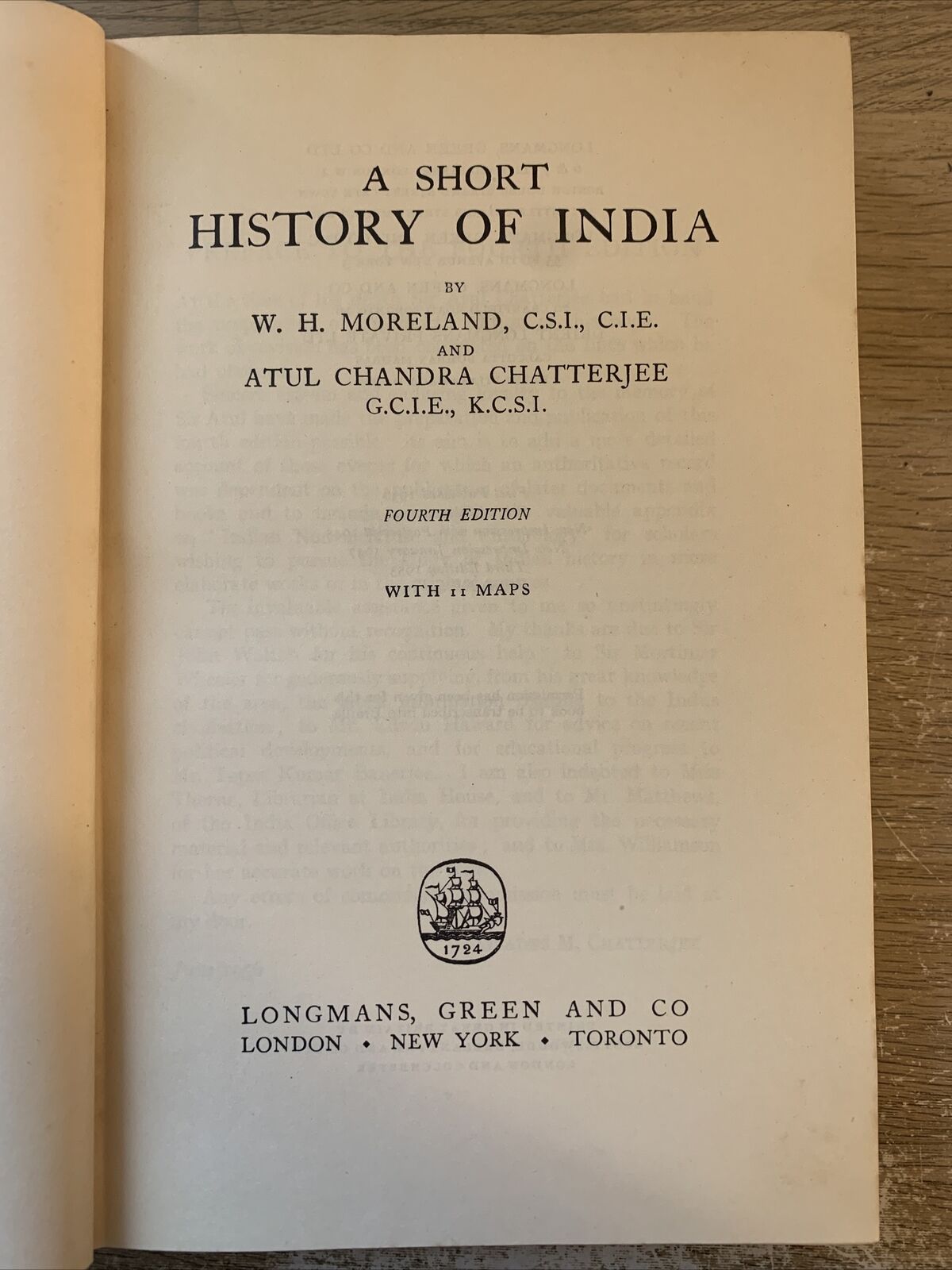 A short history of India. W. H. Moreland, Atul Chandra - Longmans 1957