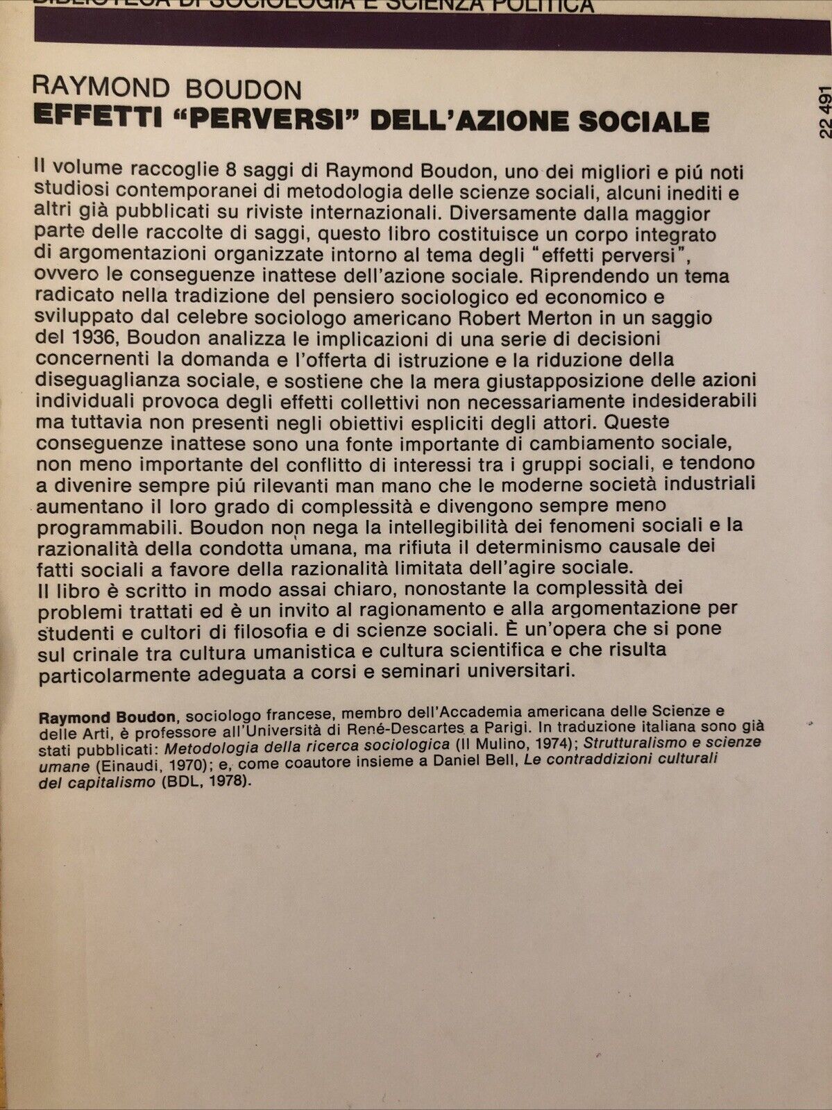 Effetti «Perversi» dell'azione sociale, Raymond Boudon - Feltrinelli 1981