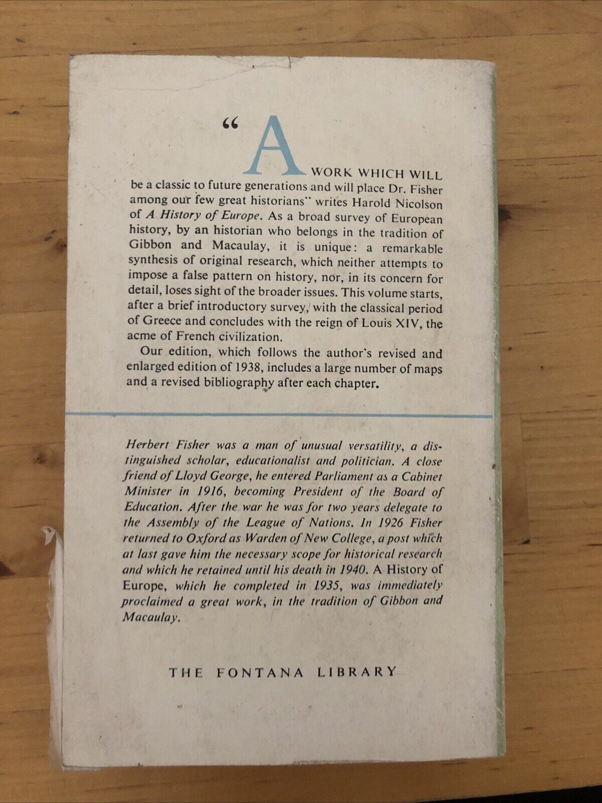 A HISTORY OF EUROPE 2 voll. - H.A.L. FISHER, FONTANA LIBRARY 1966