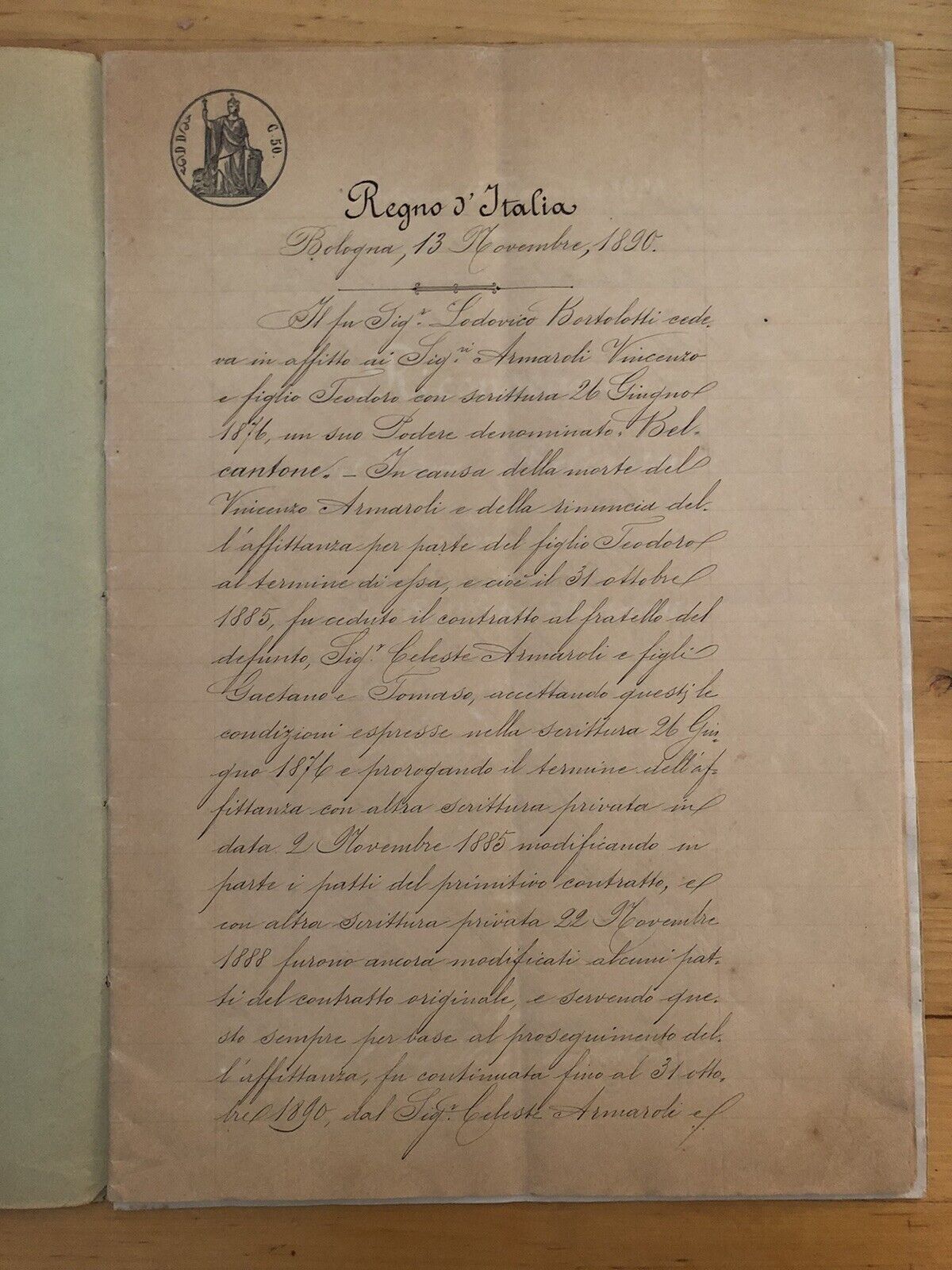 ANTICO DOCUMENTO Bologna, Podere Belcantone, atto notarile scritto a mano 1890