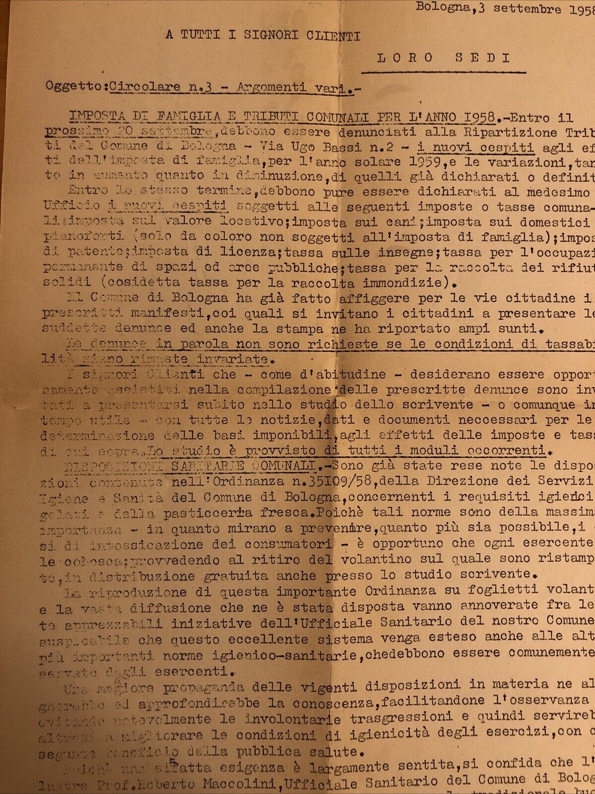 Bologna documento anni '50 tributi comune Bologna. imposta sui cani e pianoforti