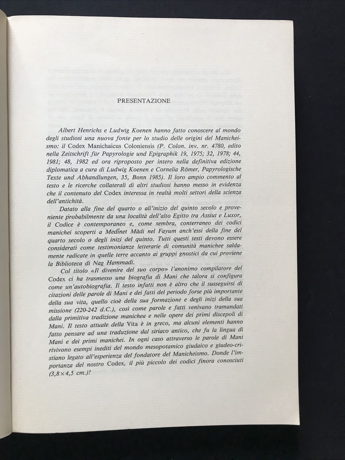 CODEX MANICHAICUS COLONIENSIS, marra editore 1986, simposio internazionale 1984#