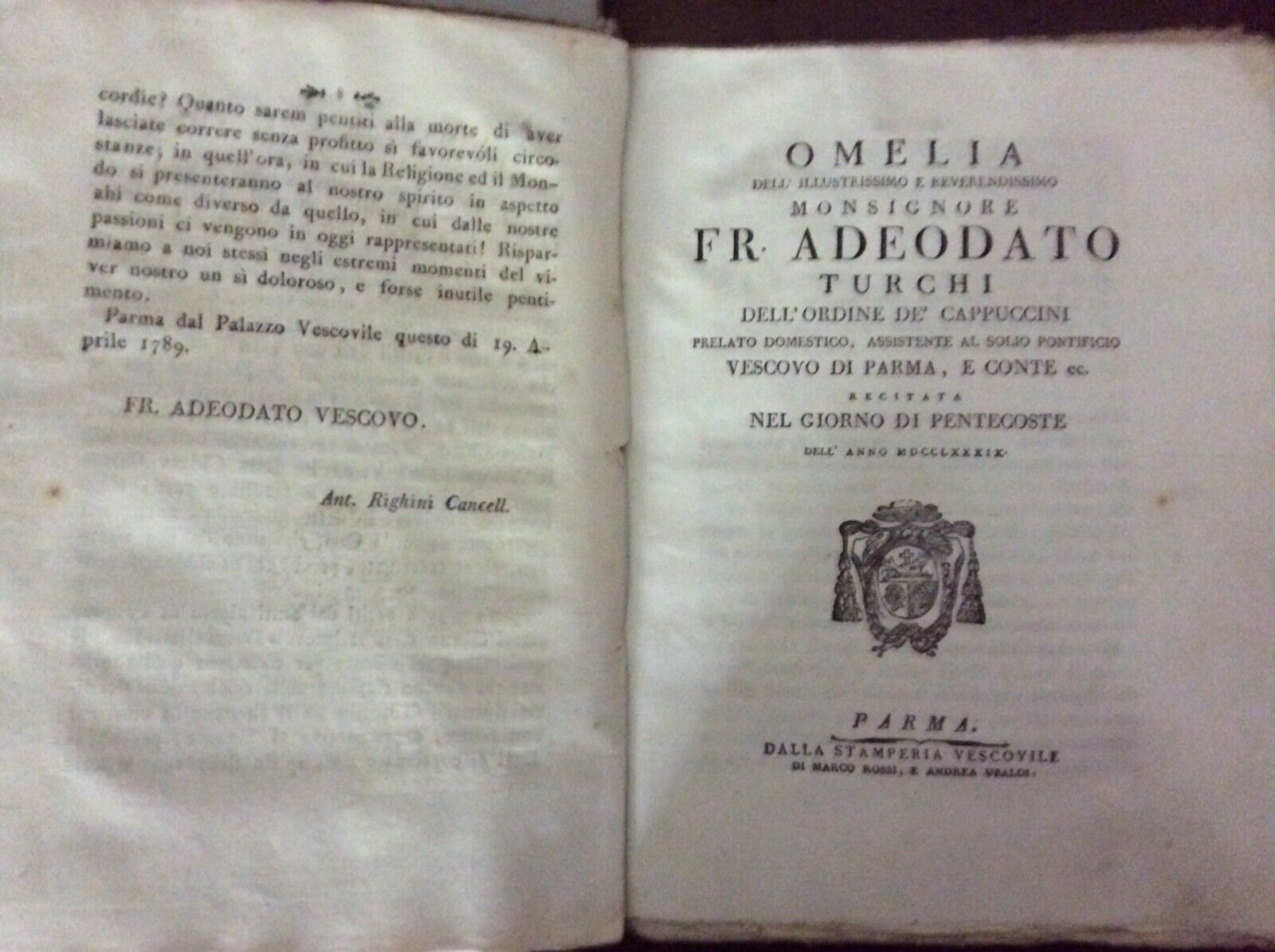 ADEODATO TURCHI - OMELIE E LETTERE PASTORALI Parma stamperia vescovile 1788-1794