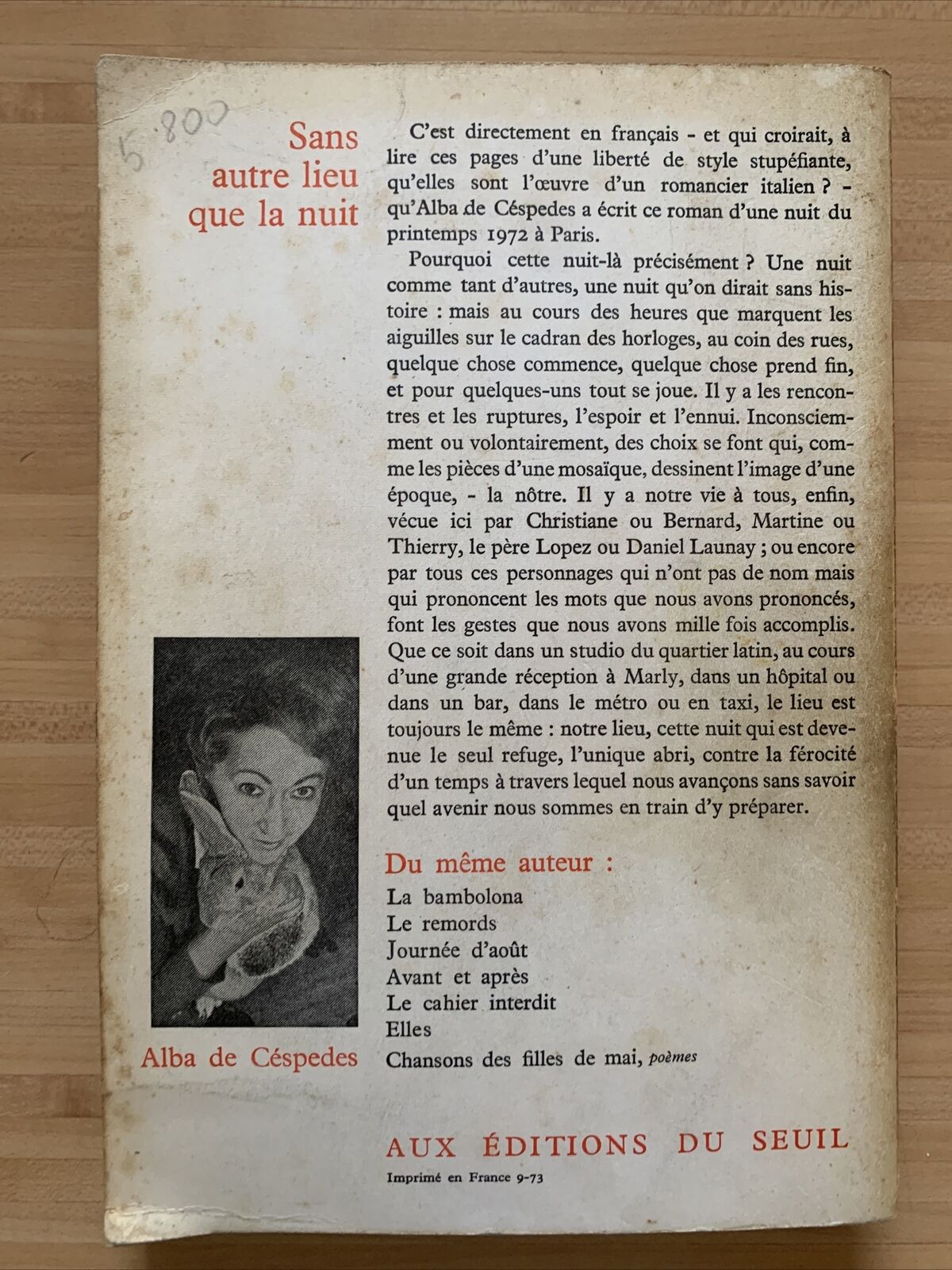 Sans autre lieu que la nuit - Roman  - ALBA DE CESPEDES - 1973 #