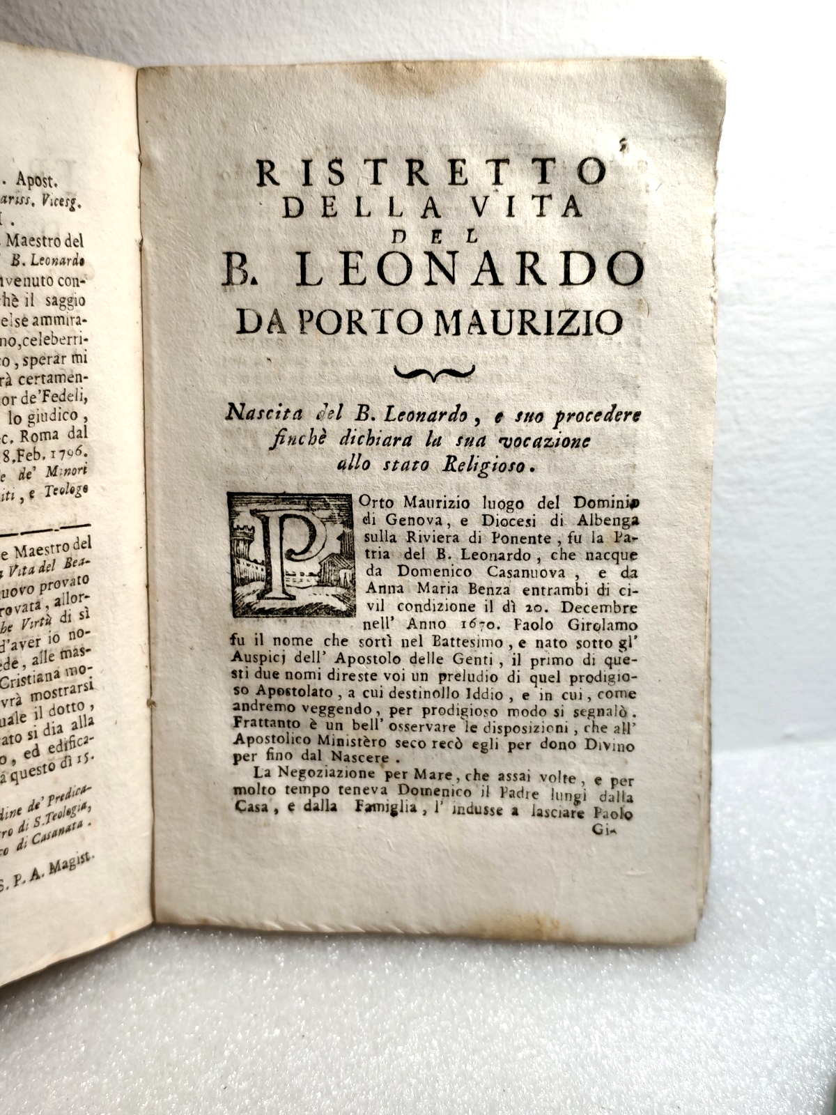 Ristretto della vita del B. Leonardo da Porto Maurizio missionario Apost. 1796