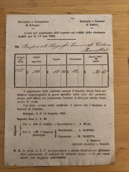 Bologna - Budrio antico documento 1865 pagamento imposta redditi della ricchezza