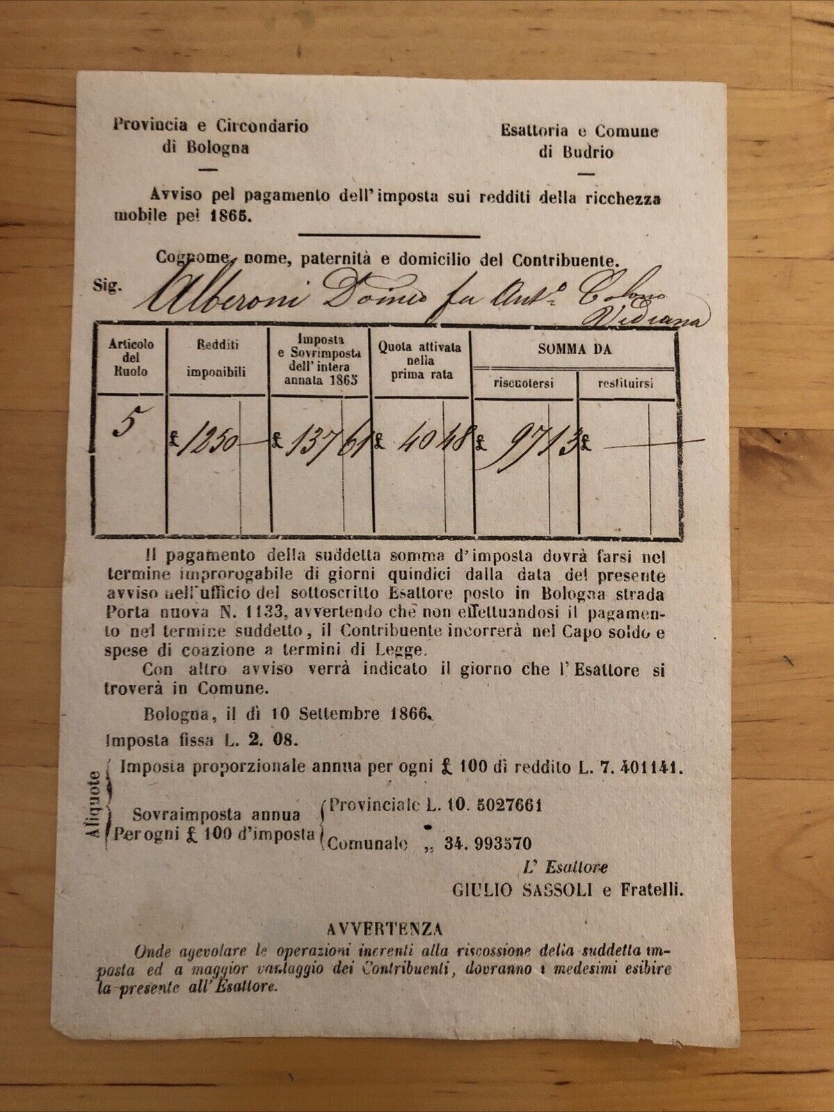Bologna - Budrio antico documento 1865 pagamento imposta redditi della ricchezza