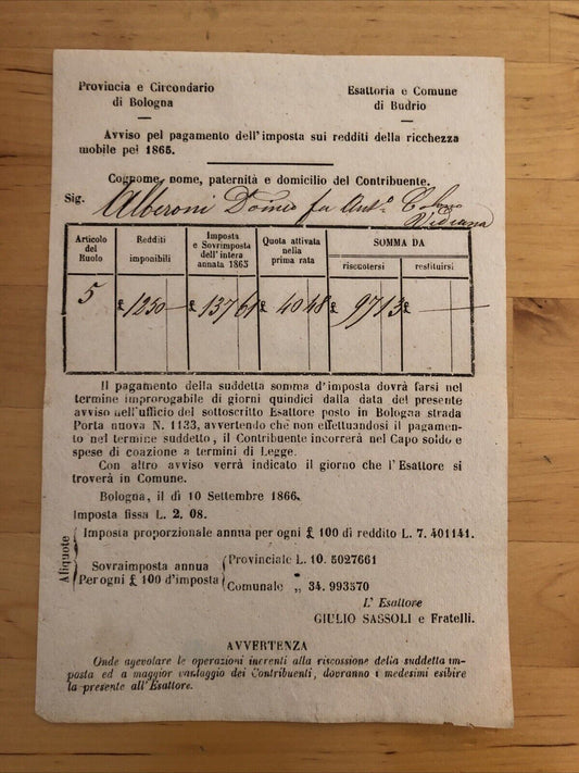 Bologna - Budrio antico documento 1865 pagamento imposta redditi della ricchezza