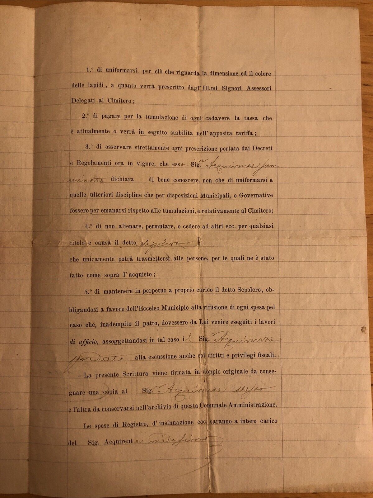 Antico documento Bologna 1886 Sindaco Gaetano Tacconi, vendita sepolcro Famiglia