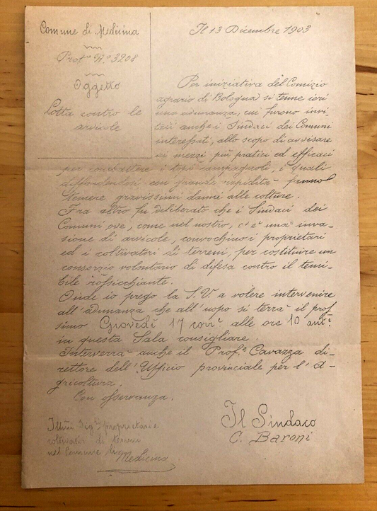 COMUNE DI MEDICINA 1903 lotta contro le arvicole. SindacoCBaroni. COPIA D'EPOCA