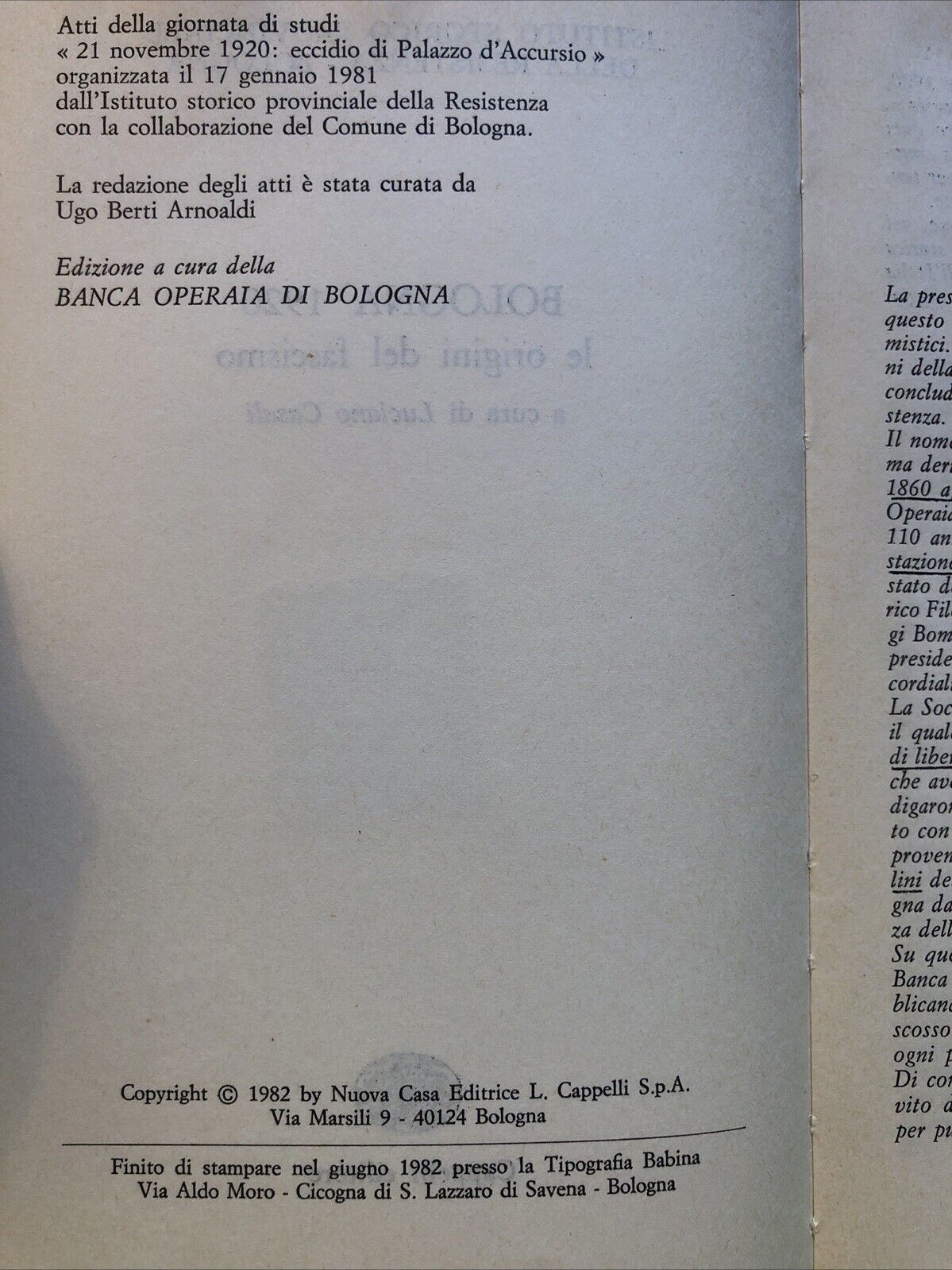 Bologna 1920 le origini del fascismo - Luciano Casali - Cappelli ed. 1982