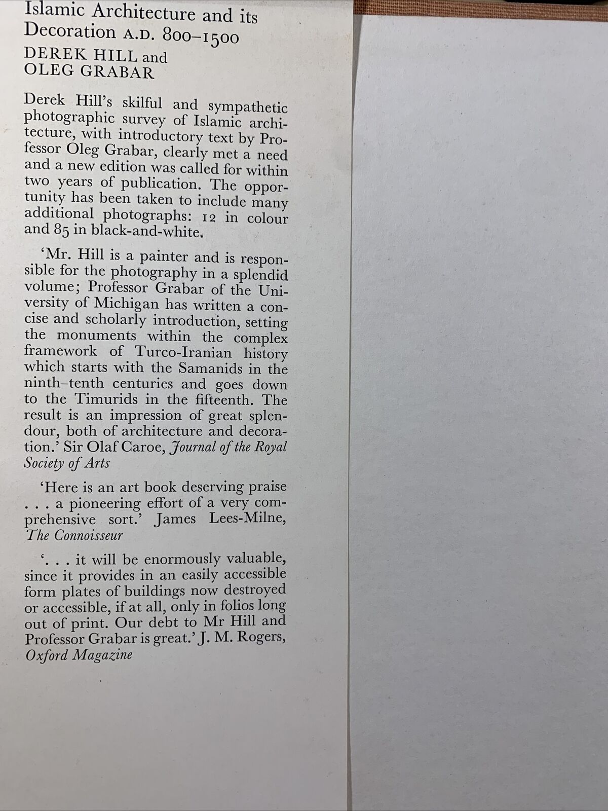 ISLAMIC ARCHITECTURE AND ITS DECORATION. DEREK HILL, OLEG GRABAR. Faber 1967 #