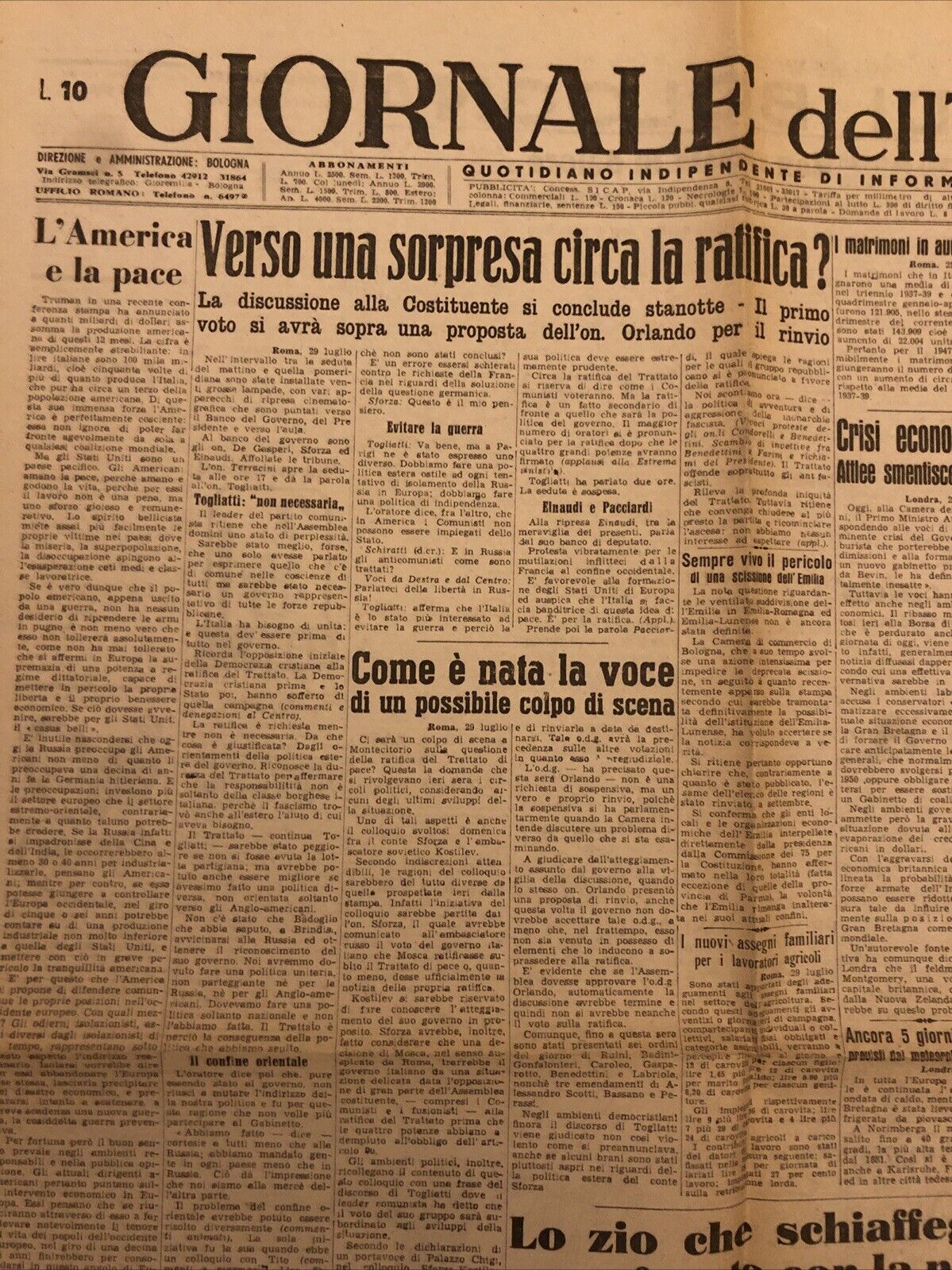 Il Giornale dell'Emilia 30 luglio 1947 - Cronaca di Bologna