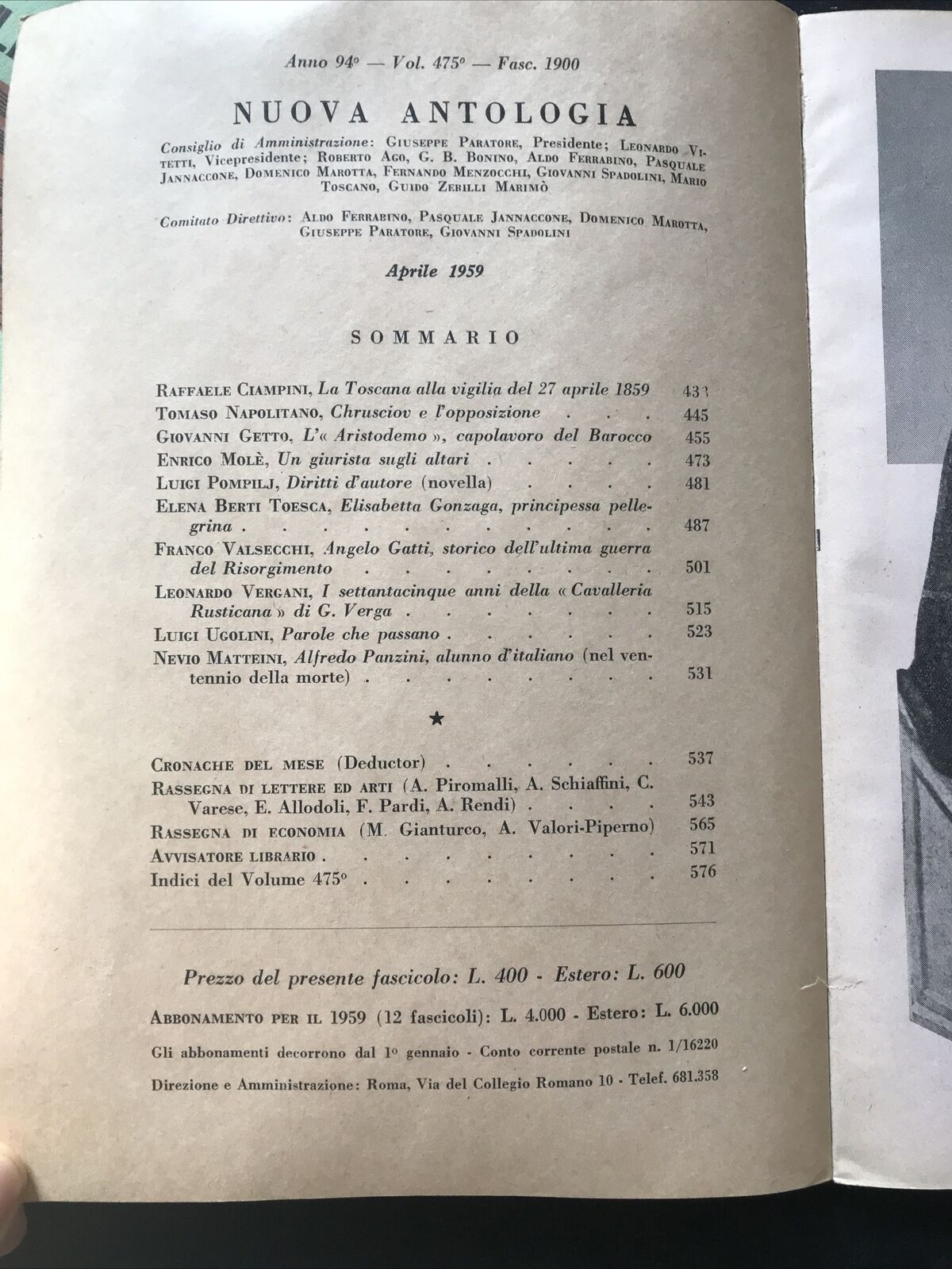 NUOVA ANTOLOGIA arti e scienza - Anno novantaquattresimo 1900 - 1959