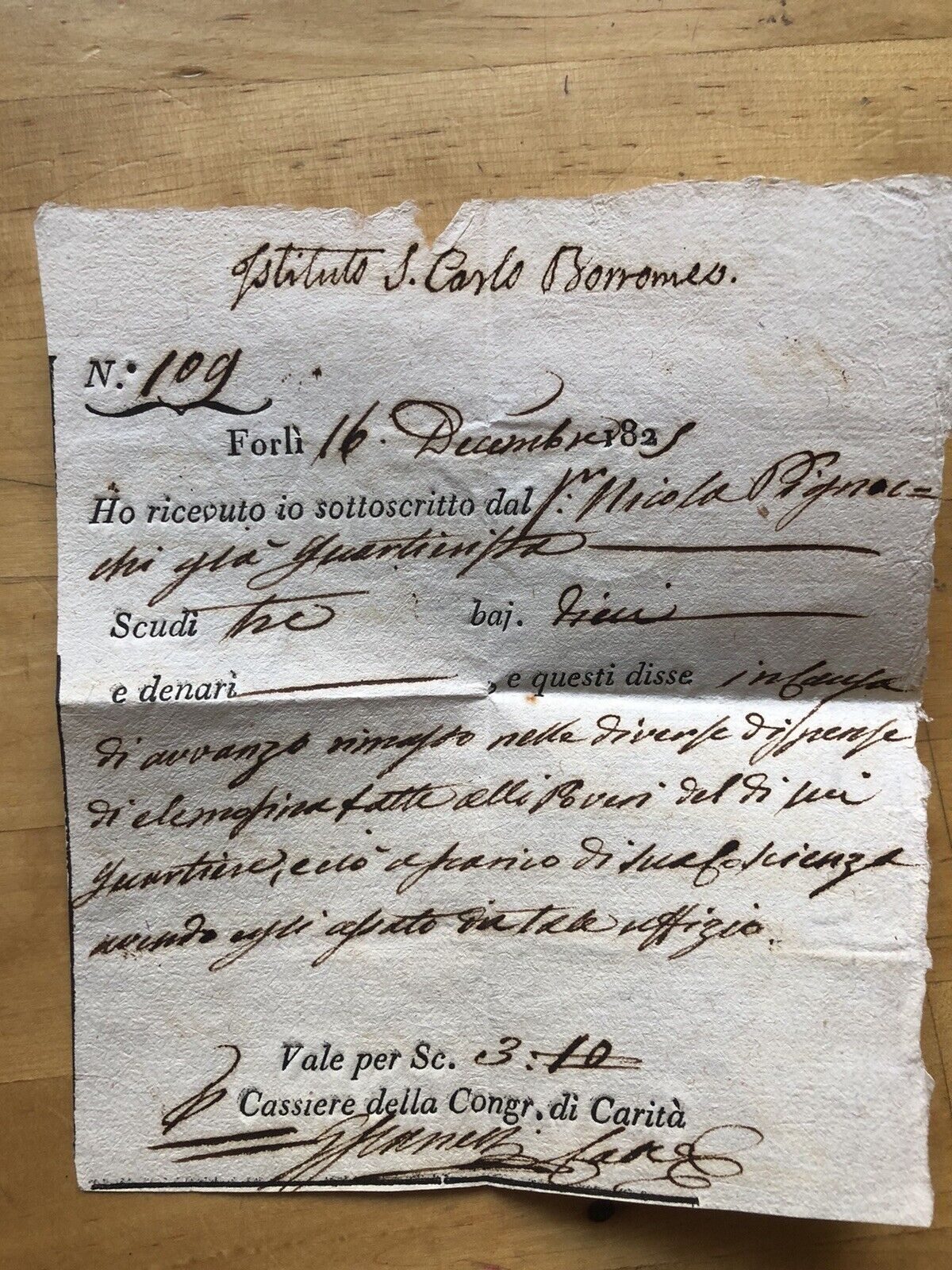 Documento manoscritto 1825 città di Forlì