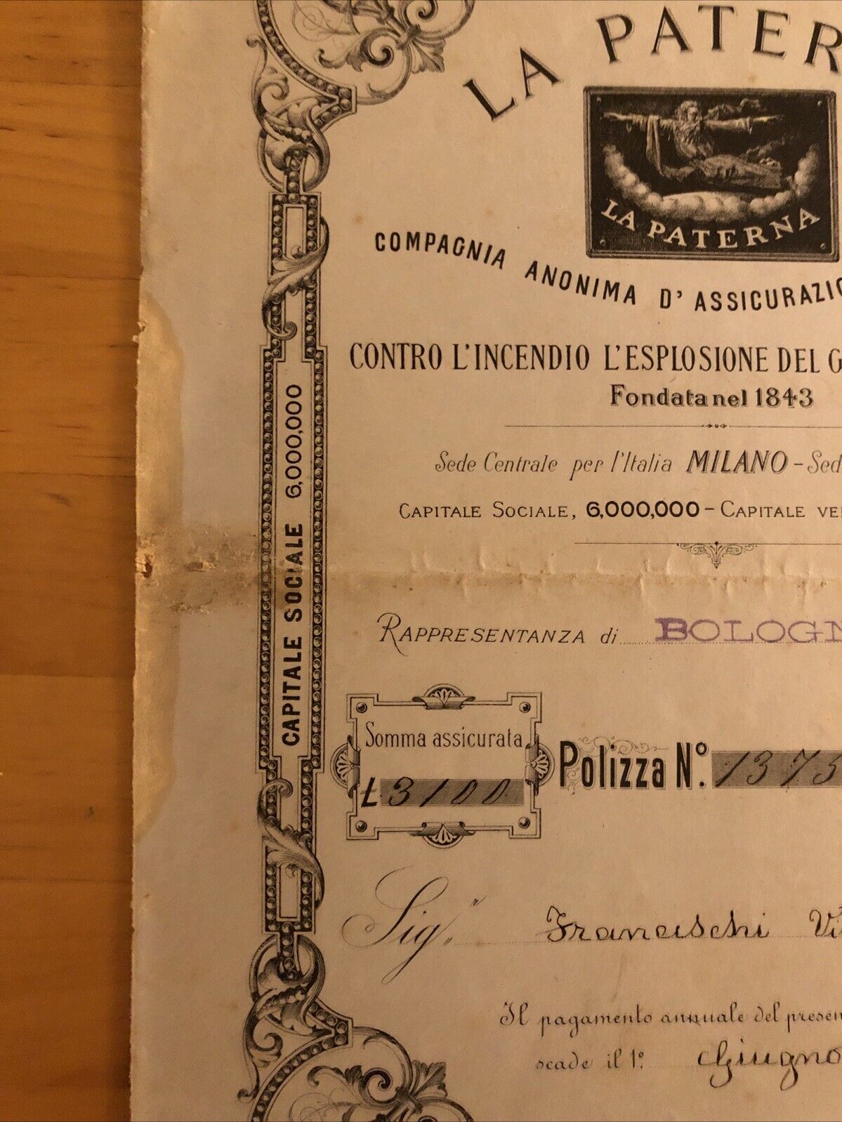 DOCUMENTO assicurativo antico 1890 ca. Paterna. incendio esplosione
