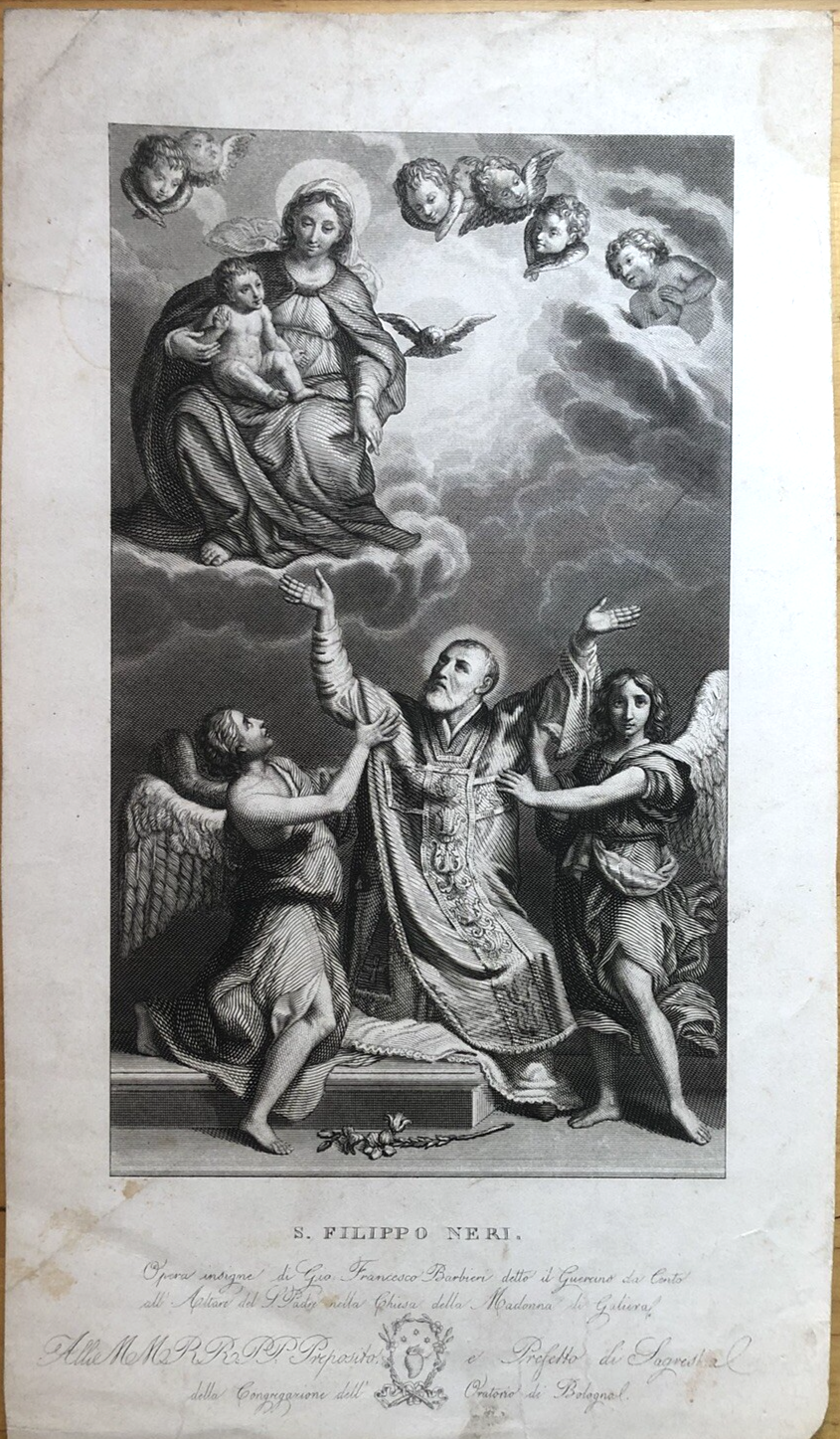 Incisione acquaforte antica dell'opera del Guercino S. Filippo Neri sec. XIX