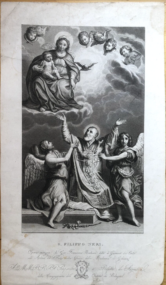 Incisione acquaforte antica dell'opera del Guercino S. Filippo Neri sec. XIX