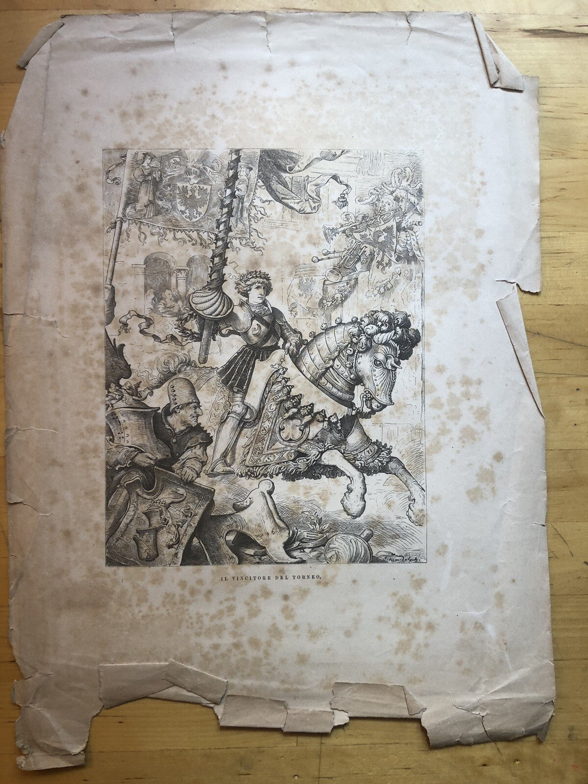 Incisione stampa antica il vincitore di torneo
