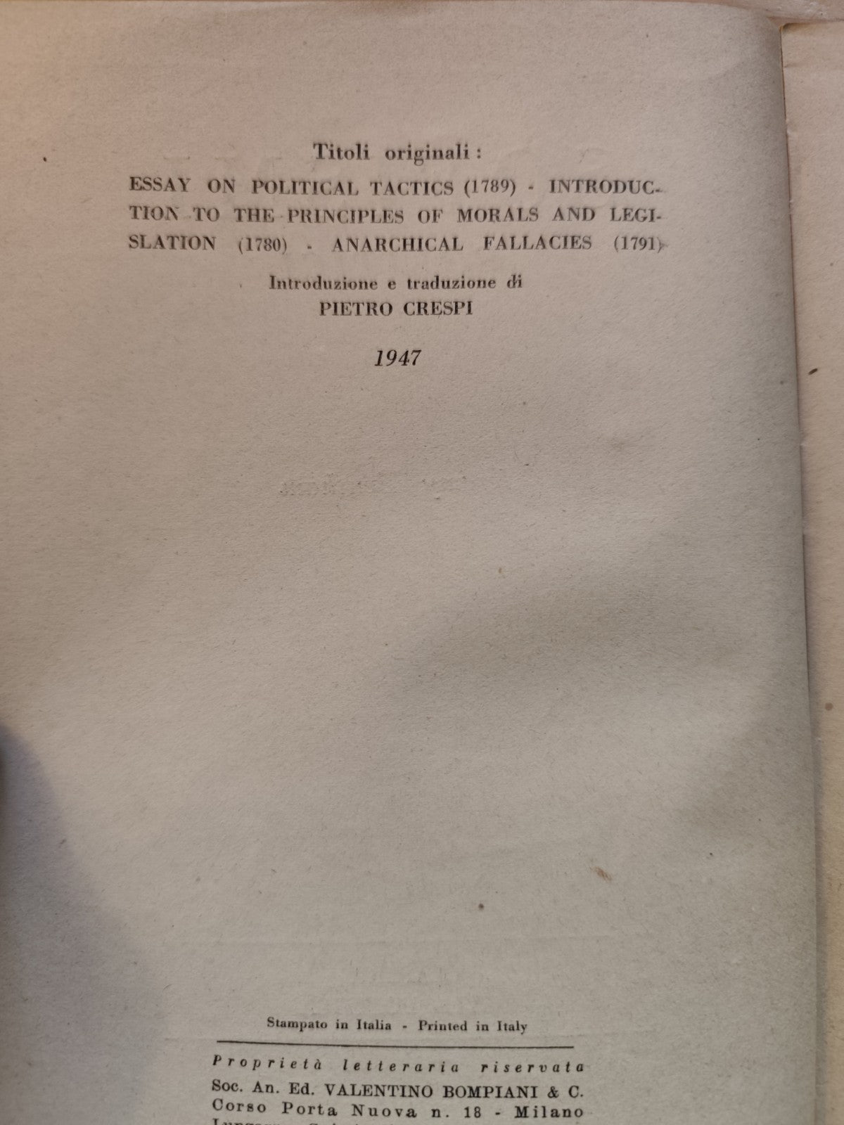 Sofismi politici - Jeremy Benthan, Bompiani 1947 - intr. Pietro Crespi