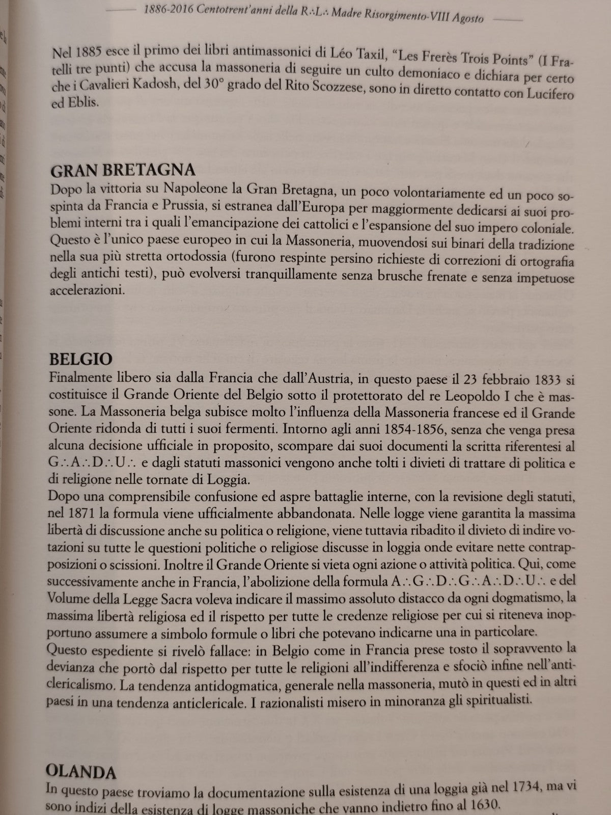 Risorgimento VIII agosto 1886-2016, Il cammino nella storia Massoneria Emilia Ro