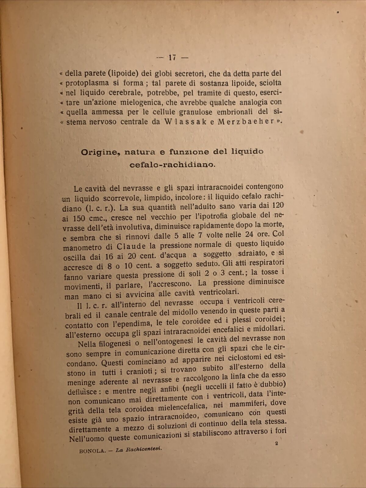 La rachicentesi ed il liquido cefalo-rachidiano F. Bonola, Cappelli editore 1922