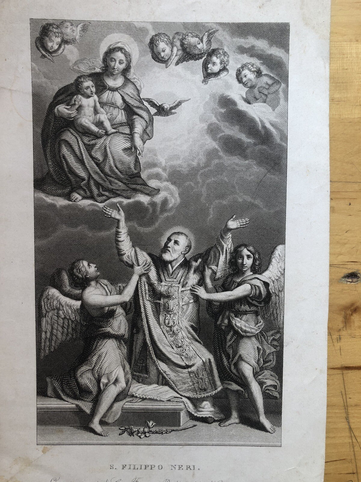 Incisione acquaforte antica dell'opera del Guercino S. Filippo Neri sec. XIX
