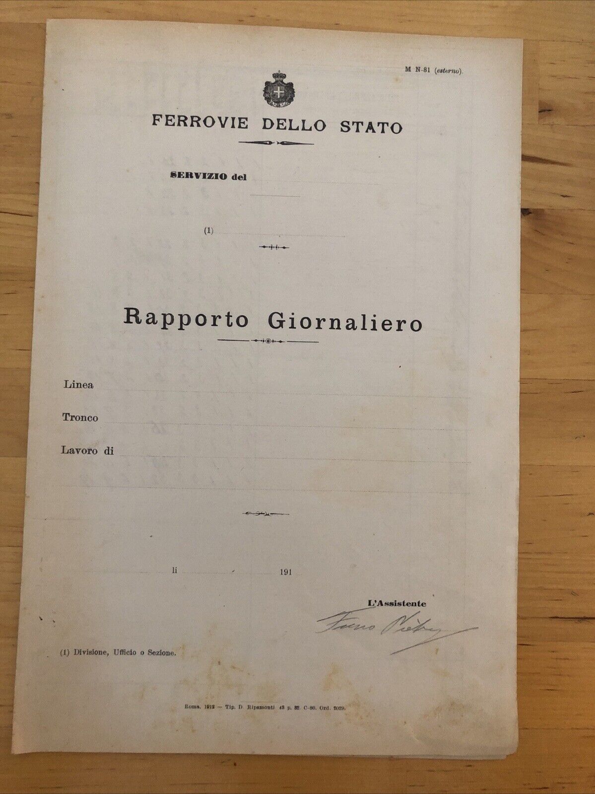 FERROVIE DELLO STATO rapporto giornaliero 1912