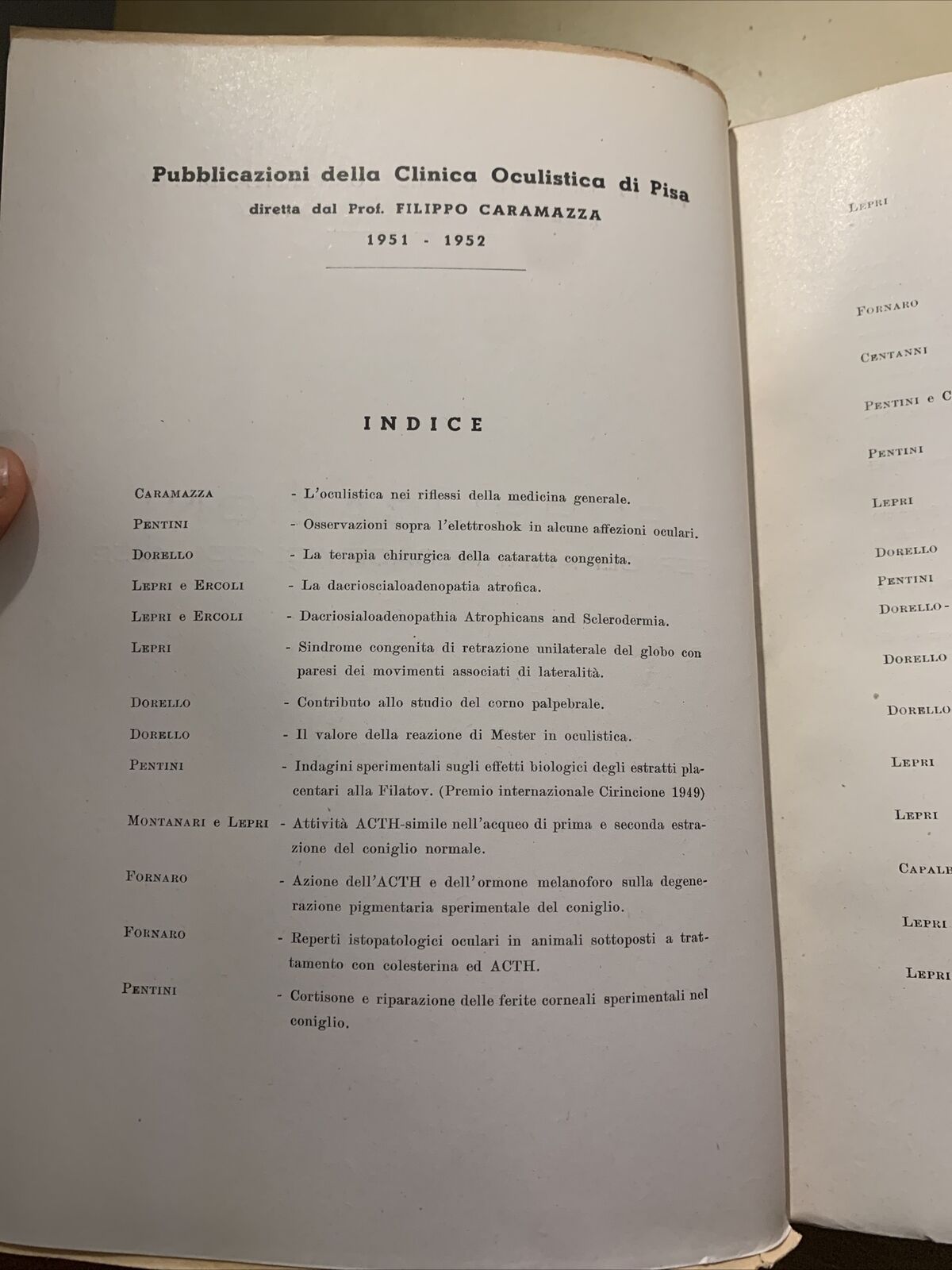 CLINICA OCULISTICA UNIVERSITÀ DI PISA - PUBBLICAZIONI 1951 - 1952. F. Caramazza