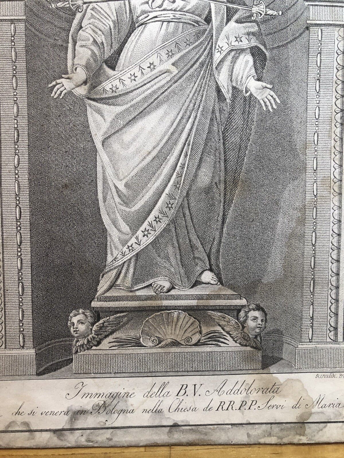 Incisione stampa antica B. V. addolorata Bologna chiesa dei Servi - Rinaldi F.