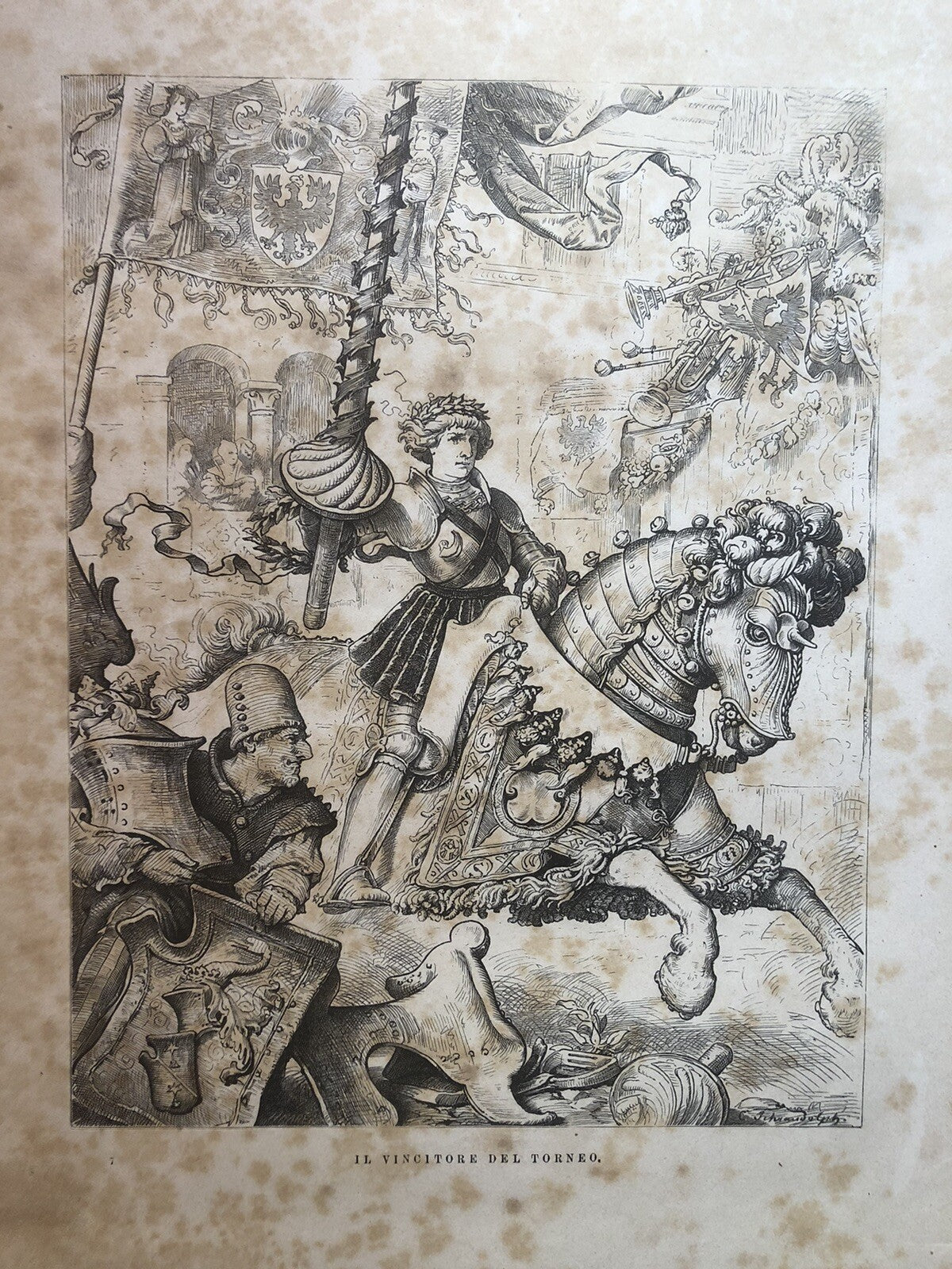 Incisione stampa antica il vincitore di torneo