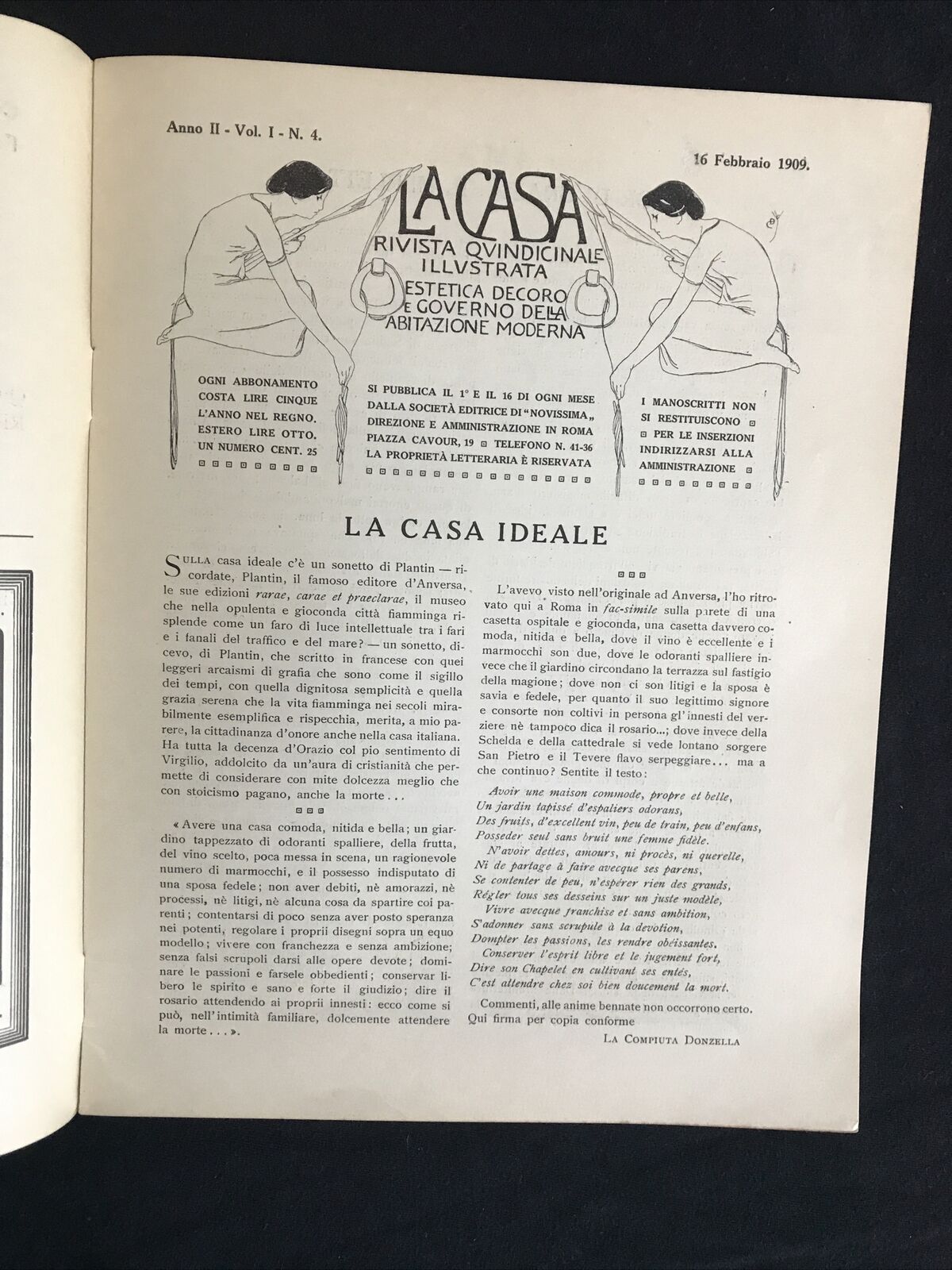 LA CASA anno II N. 4 1909, estetica decoro e governo dell'abitazione moderna