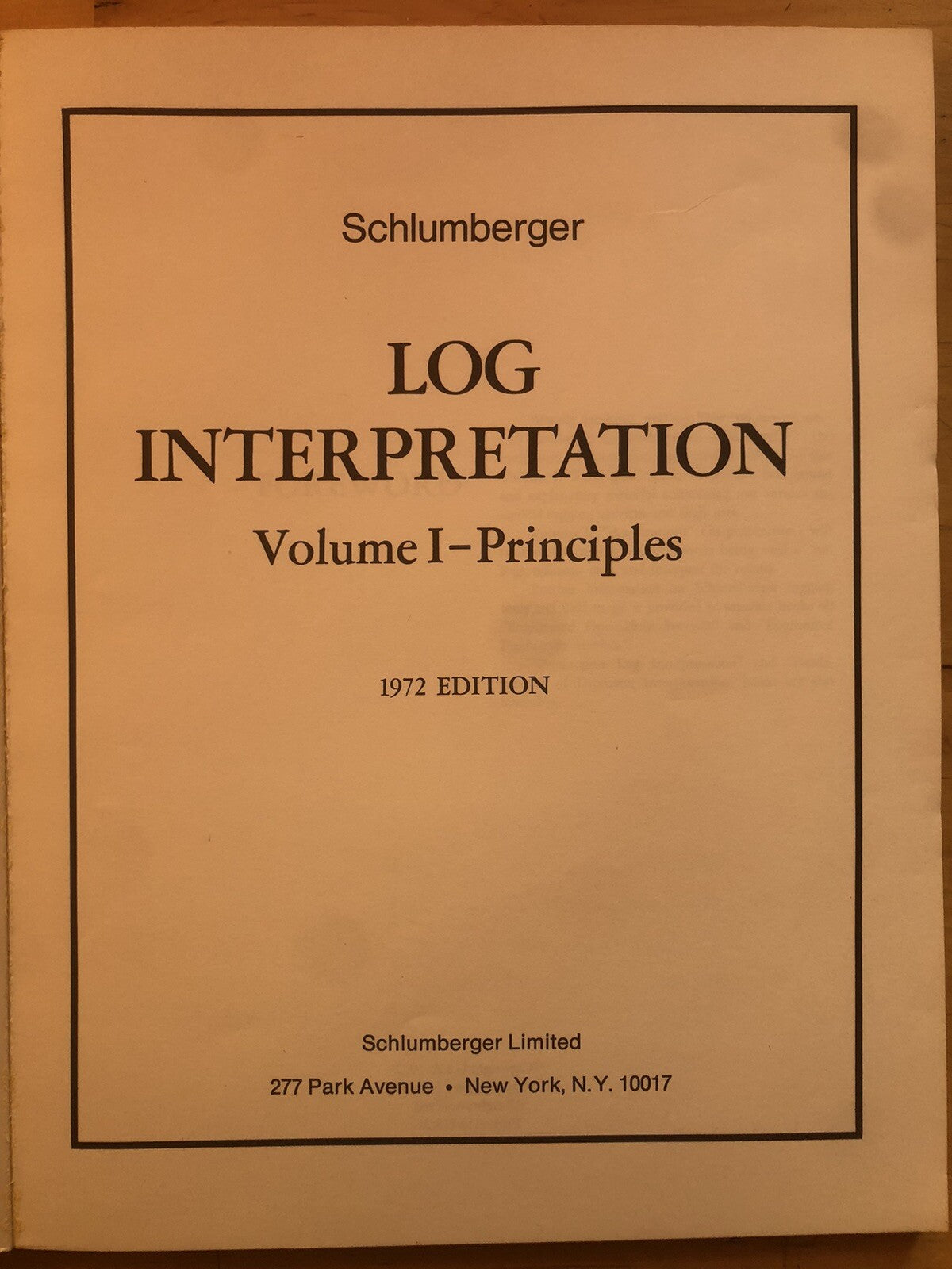 Schlumberger log interpretation - volume 1, principles 1972 edition, New York