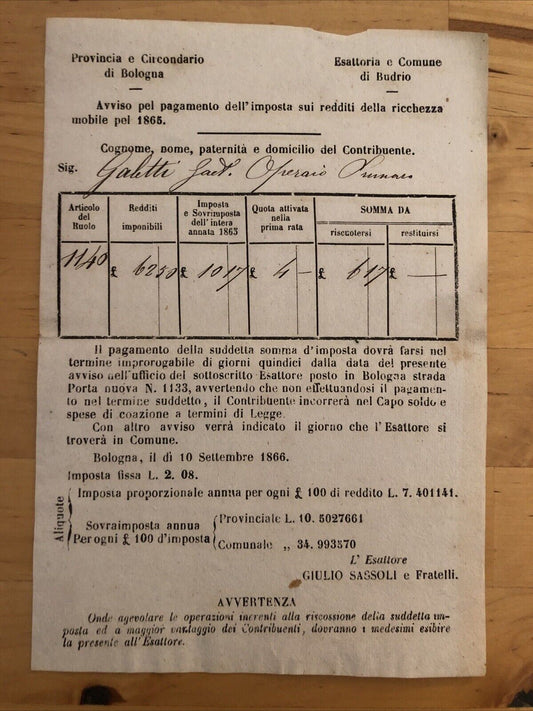 Bologna - Budrio antico documento 1865 pagamento imposta redditi della ricchezza