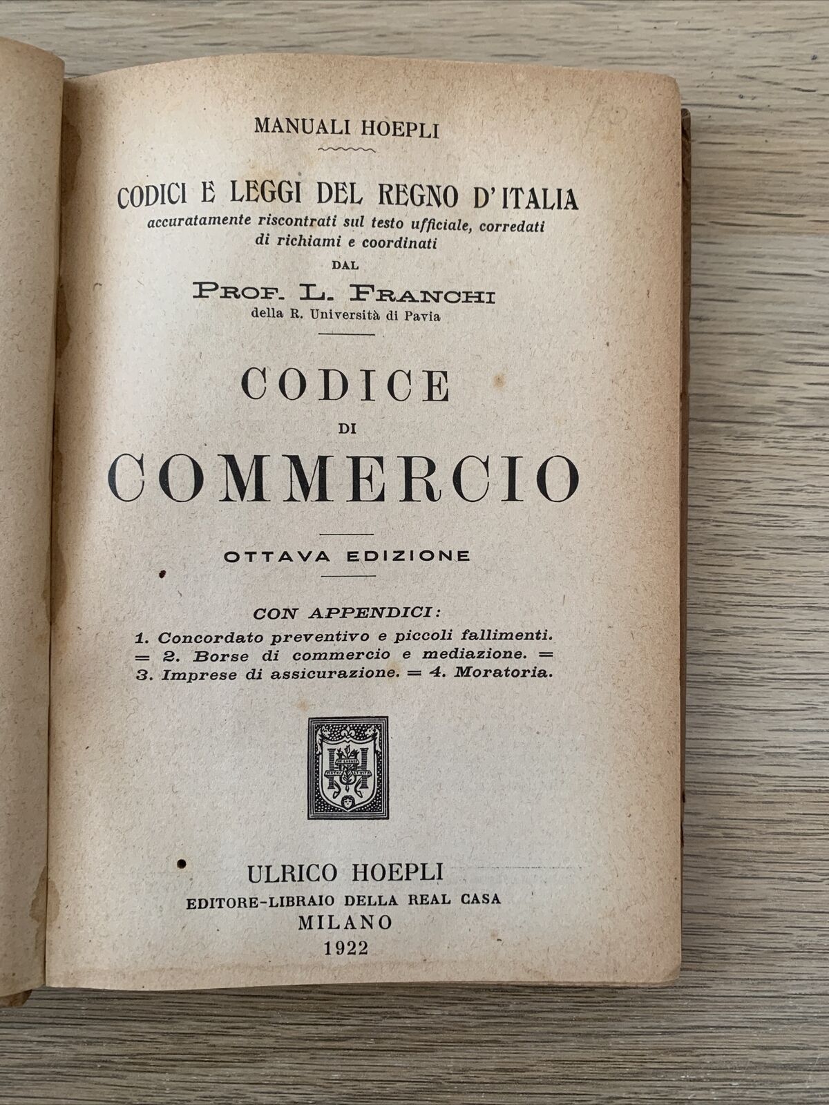 Codice di Commercio - Manuale Hoepli. Prof. L. Franchi. 1922 edizione vecchia